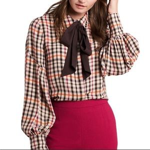 Riley & Rae Camillle Tie-neck Bow Front Plaid Blouse S
